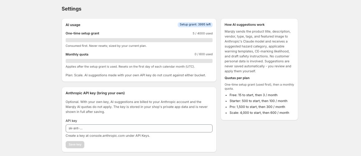 Marqly AI usage and bring-your-own-key settings
