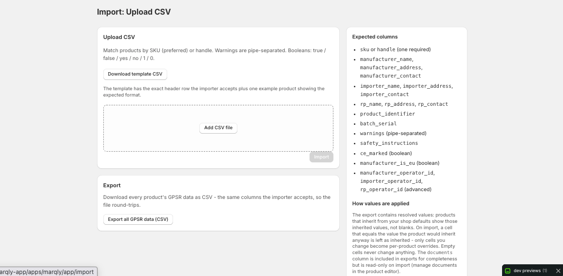 Marqly GPSR CSV import and export screen