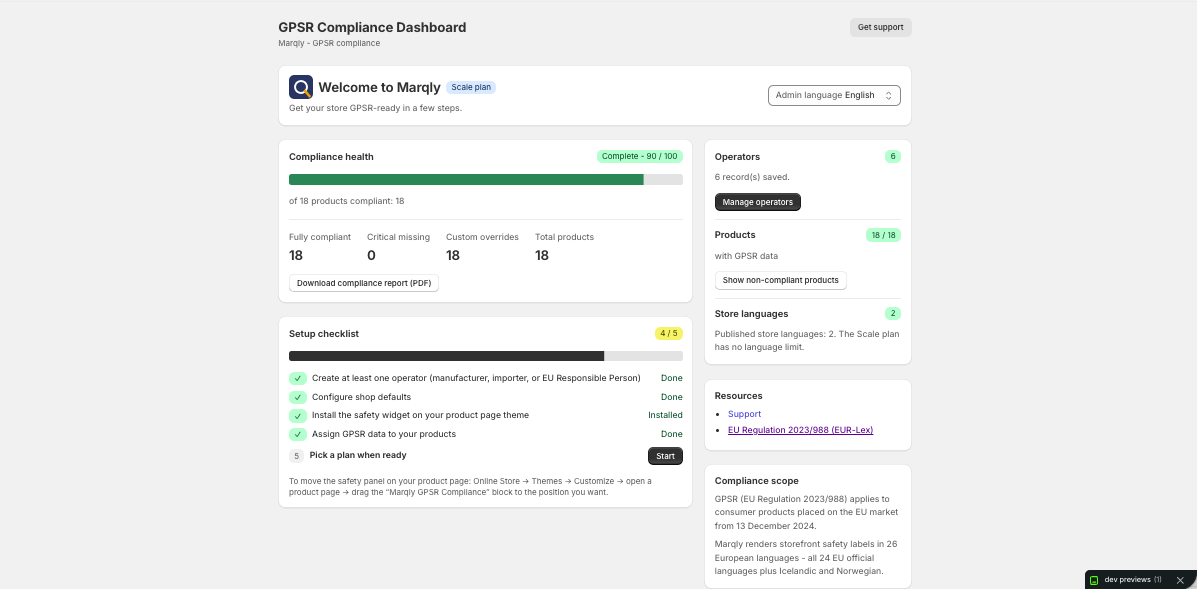 Marqly compliance dashboard showing catalog health and setup status