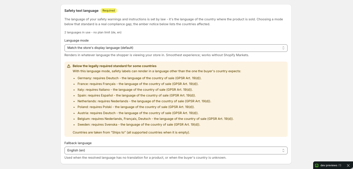 Marqly country-aware safety language settings