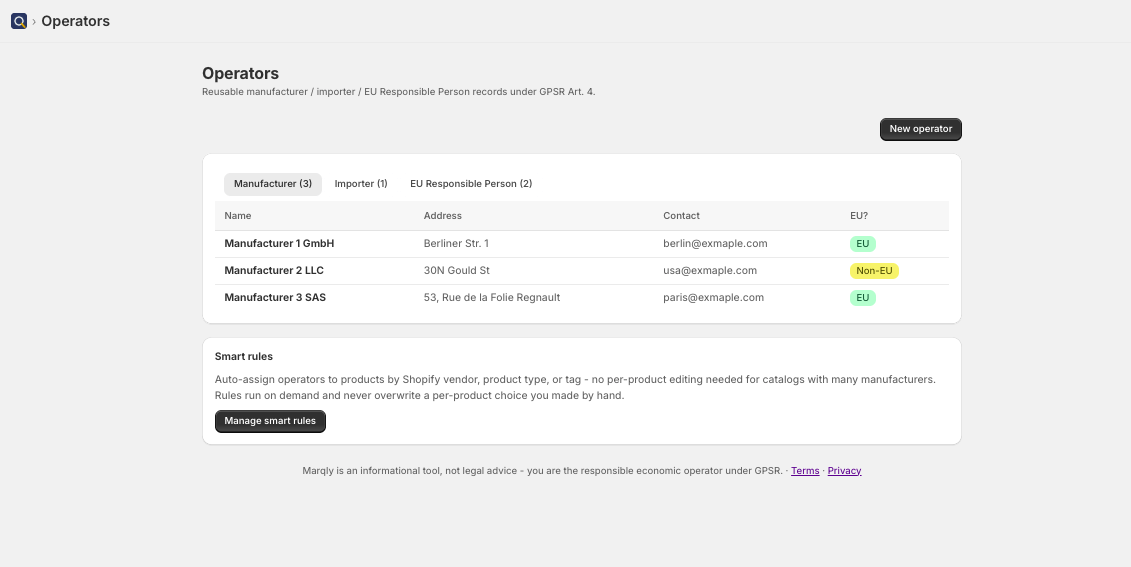 Marqly manufacturer, importer and EU responsible person library
