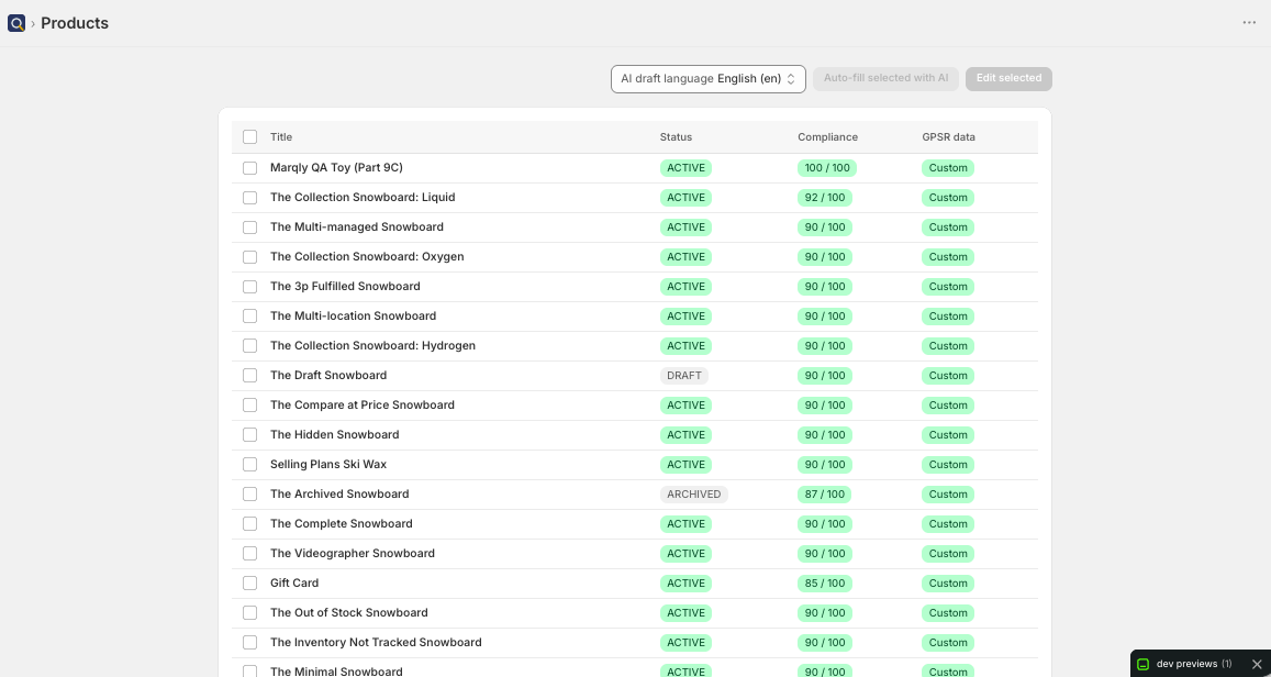 Marqly product list with compliance scores and bulk actions