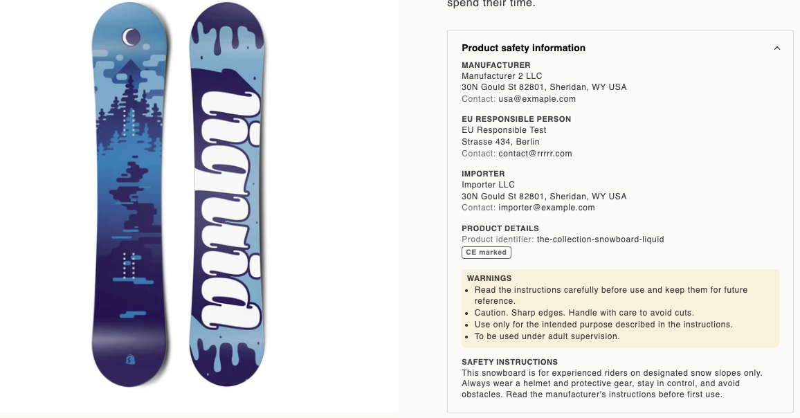 Shopify product page with the Marqly product safety panel expanded